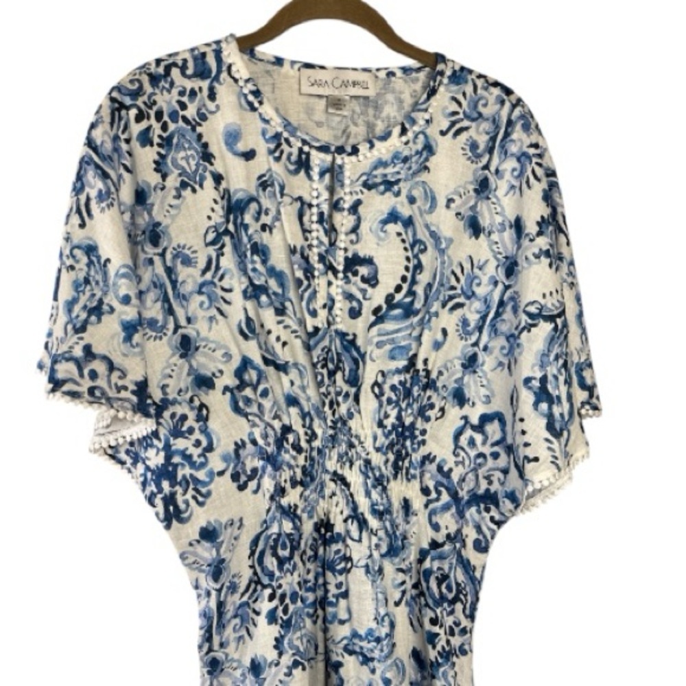 Sara Campbell Blue White Linen Kaftan Dress | Small | Coastal Resort - Picture 2 of 14